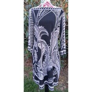 ECI New York Stretch Paisley 3/4 Sleeve Shift Dress Women L Black Resortwear New